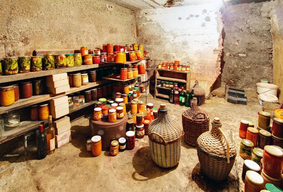 Home canned jars on cellar shelves rotated through a two bin system