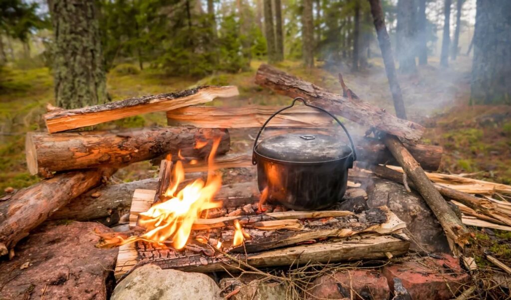 Cast iron pot cooking over an open fire while the kitchen range has no power