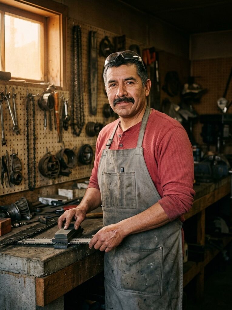 Abel Cortines at his workbench in northern New Mexico with a whetstone and a chainsaw bar