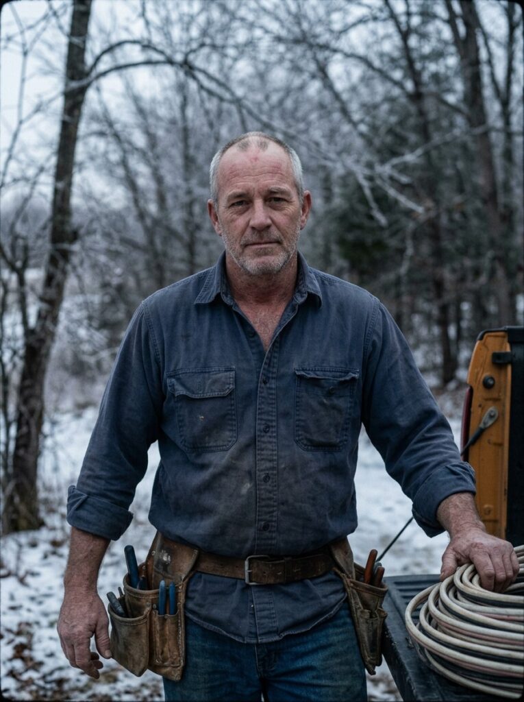 Dan Brackett standing at a utility truck beside an iced treeline in southern Missouri
