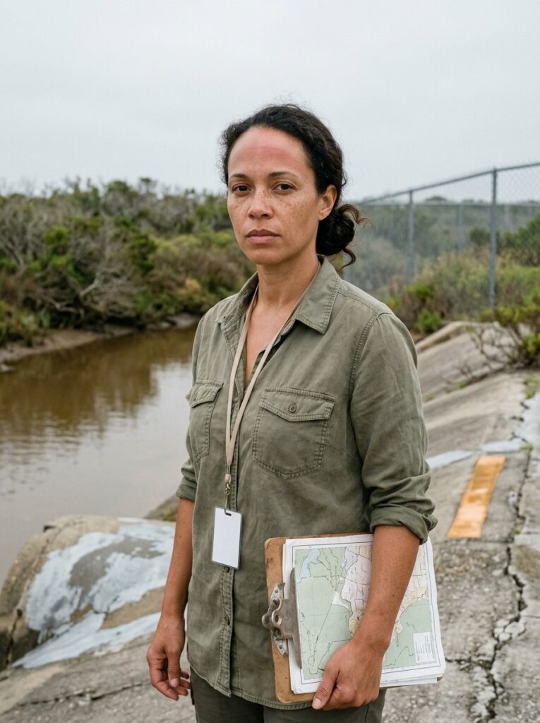 Renata Sowell on a drainage culvert with a clipboard and paper map on the Alabama Gulf Coast